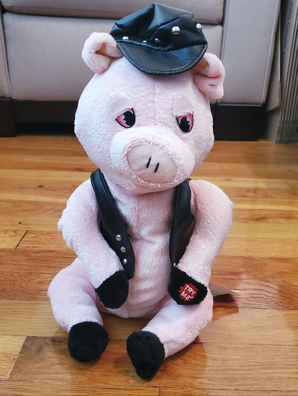 Singing Plush Pink Pig Stuffed Animal with Black Faux Leather Vest & Cap